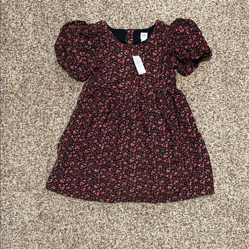 GAP Black Dress with Red Floral Print and Puff Sleeves